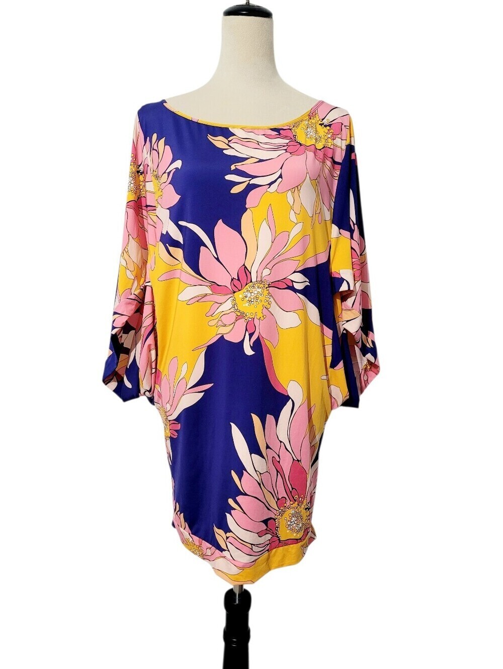 Trina Turk Floral Shift Dress Large L Pink Yellow Blue Bell Sleeve Stretch Beach - Picture 2 of 11
